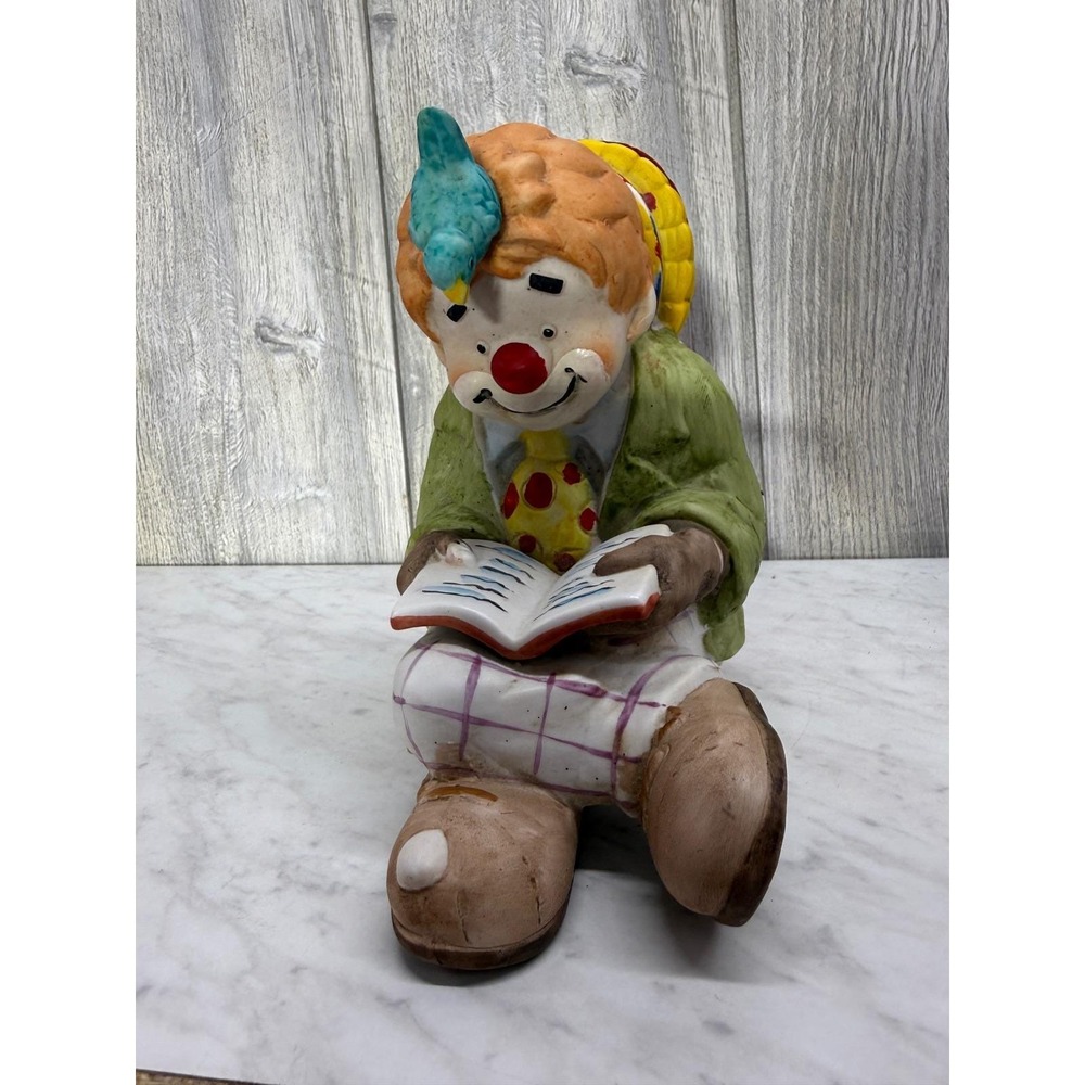 Vintage Ceramic Clown‎ Figurine Reading Book with Blue Bird Hand Painted Decor